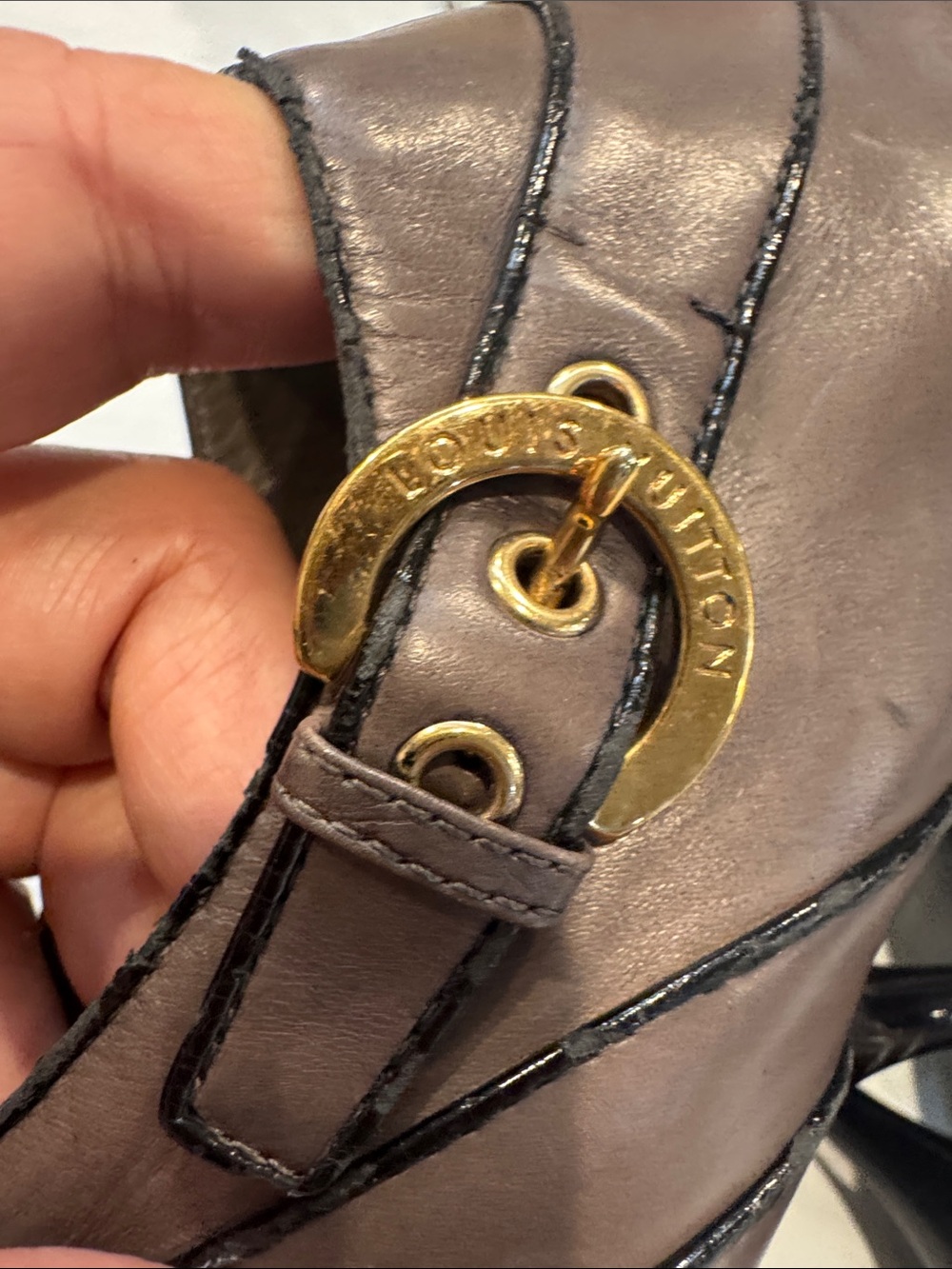 Authr Louis Vuitton Taupe Peep-Toe Leather Ankle Booties with Gold-Tone Buckle - Picture 8 of 15